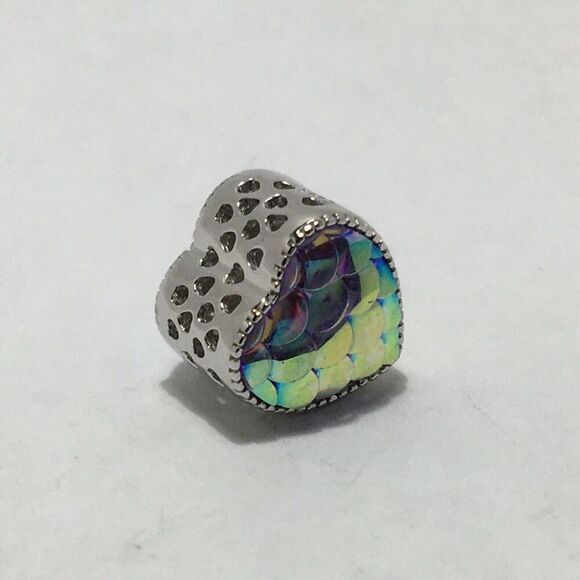 Sterling Silver Charm Heart Bead Iridescent Multicolor Mermaid Fish Scales - Picture 11 of 13
